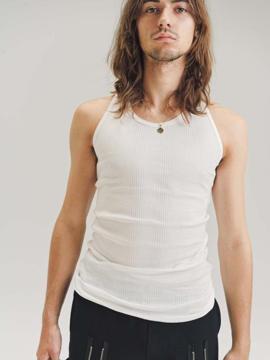  타카히로미야시타 더 솔로이스트 민소매 티셔츠 . 코튼 백 크로스 탱크 화이트