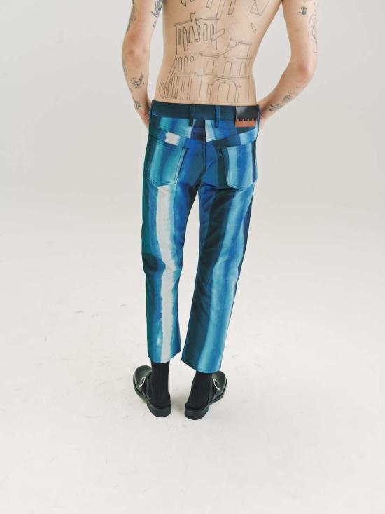  마르니 스트레이트 팬츠 코튼 크롭 팬츠 블루 프린트 - MARNI