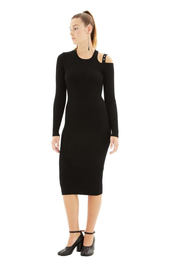  블루마린 미디 원피스 원숄더 드레스 블랙