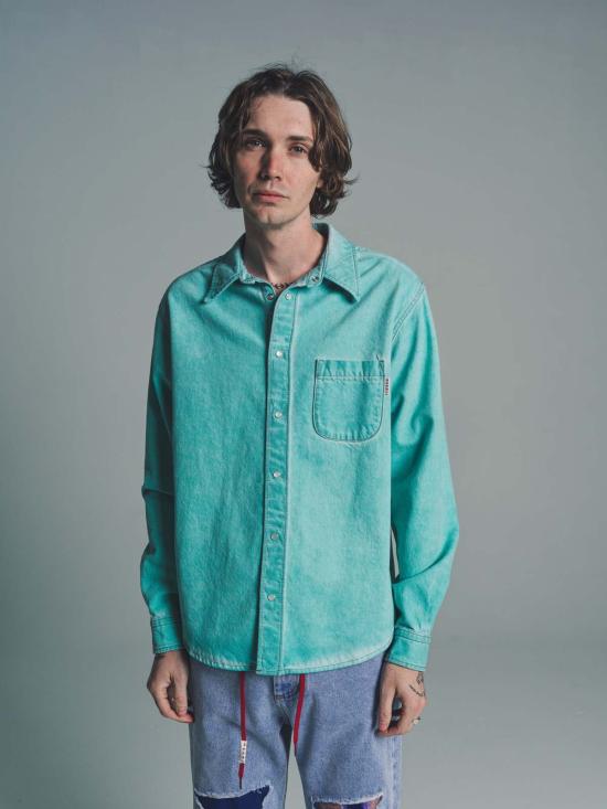  마르니 긴팔 셔츠 피그먼트 다이드 펄 스냅  터키석