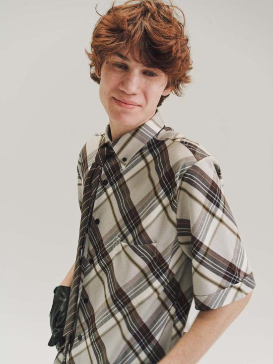  어니스트 더블유 베이커 긴팔 셔츠 어니스트 W. 베이커 브라운 다이아고날 플레드 비스코스 반팔  브라운 - ERNEST W. BAKER