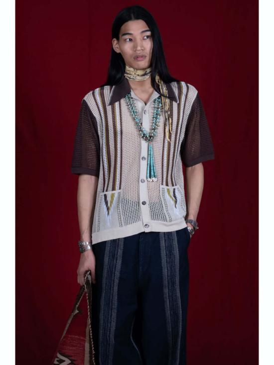  캐피탈 반팔 티셔츠 Kapital 12 G 메시 니트 테네시 쿠바 폴로 베이지 - KAPITAL