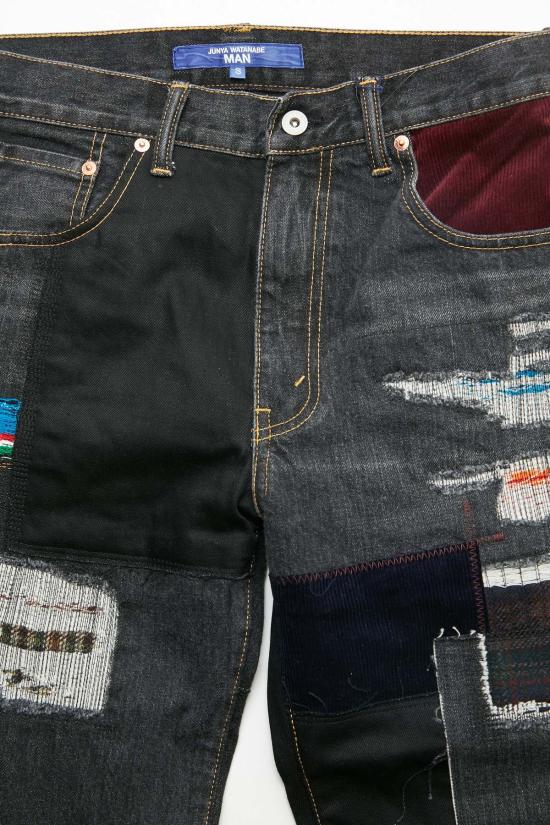  와타나베 준야 데님 팬츠 준야 와타나베 맨 코튼 셀비지 데님 가먼트 트리트먼트 X 멀티 패브릭 믹스 팬츠 블랙 X 믹스 - JUNYA WATANABE