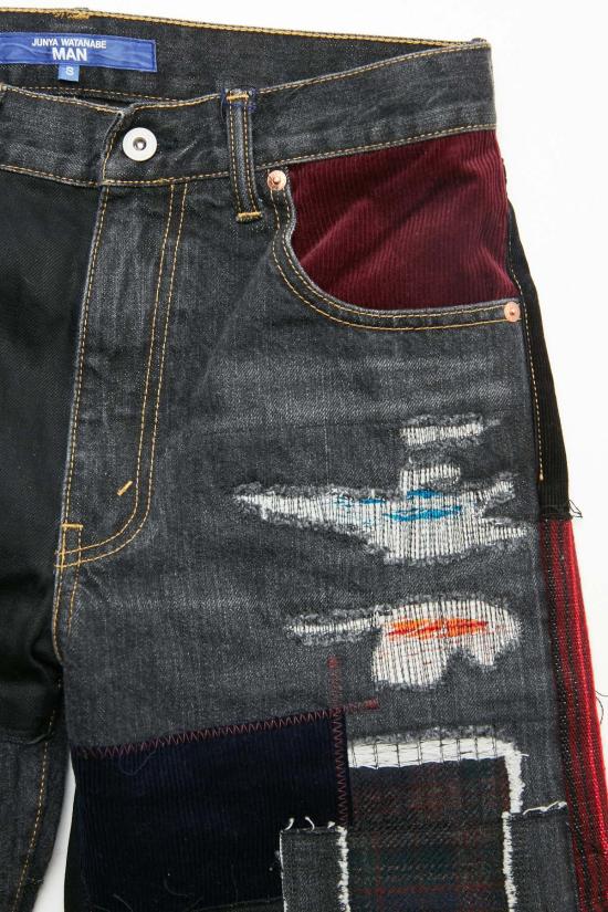  와타나베 준야 데님 팬츠 준야 와타나베 맨 코튼 셀비지 데님 가먼트 트리트먼트 X 멀티 패브릭 믹스 팬츠 블랙 X 믹스 - JUNYA WATANABE