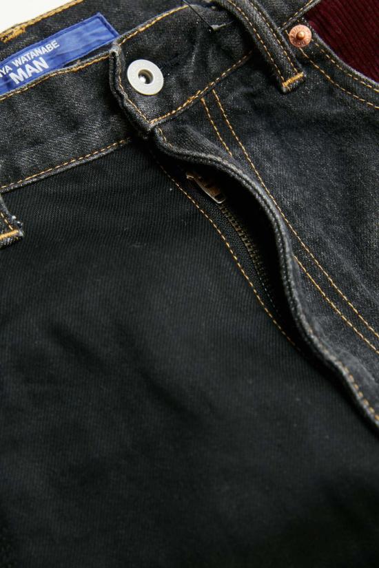  와타나베 준야 데님 팬츠 준야 와타나베 맨 코튼 셀비지 데님 가먼트 트리트먼트 X 멀티 패브릭 믹스 팬츠 블랙 X 믹스 - JUNYA WATANABE