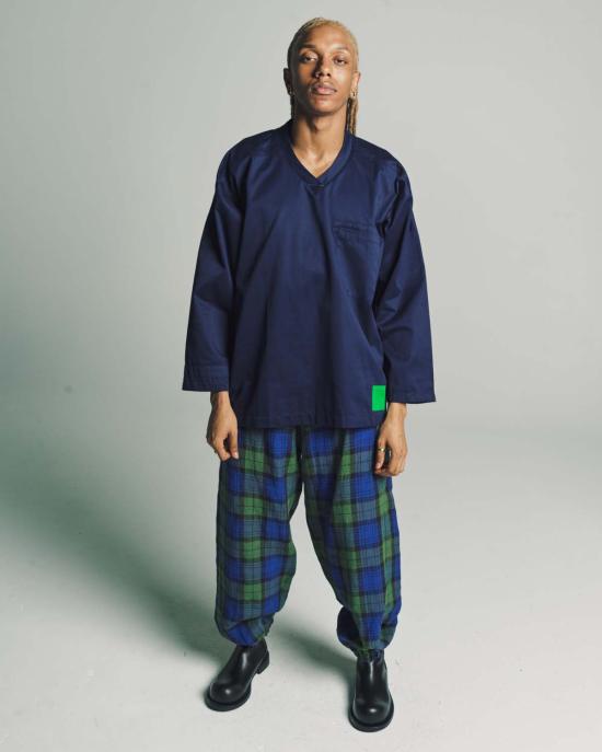  쓰리맨 스트레이트 팬츠 3인용 리넨 이지 팬츠 블루/그린 체크 - 3MAN