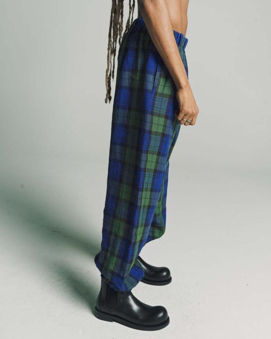  쓰리맨 스트레이트 팬츠 3인용 리넨 이지 팬츠 블루/그린 체크 - 3MAN