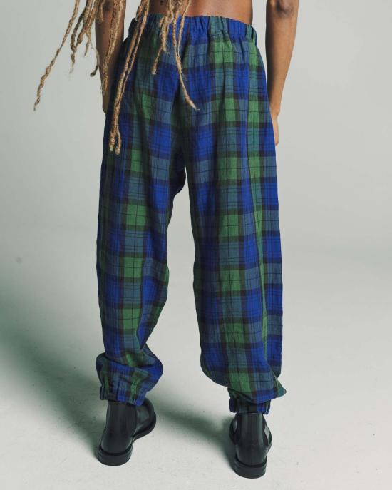  쓰리맨 스트레이트 팬츠 3인용 리넨 이지 팬츠 블루/그린 체크 - 3MAN