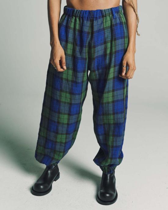  쓰리맨 스트레이트 팬츠 3인용 리넨 이지 팬츠 블루/그린 체크