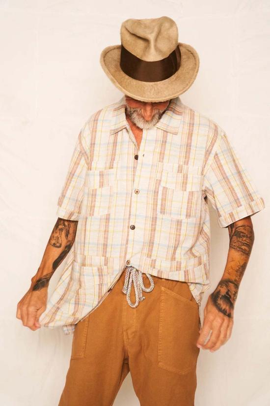  Dr. Collectors 반팔 셔츠 Dr Collectors Oaxca  리넨 코튼 마드라스 4온스 세탁 재활용 아발론 껍질 버튼 핑크 - OTHER BRANDS