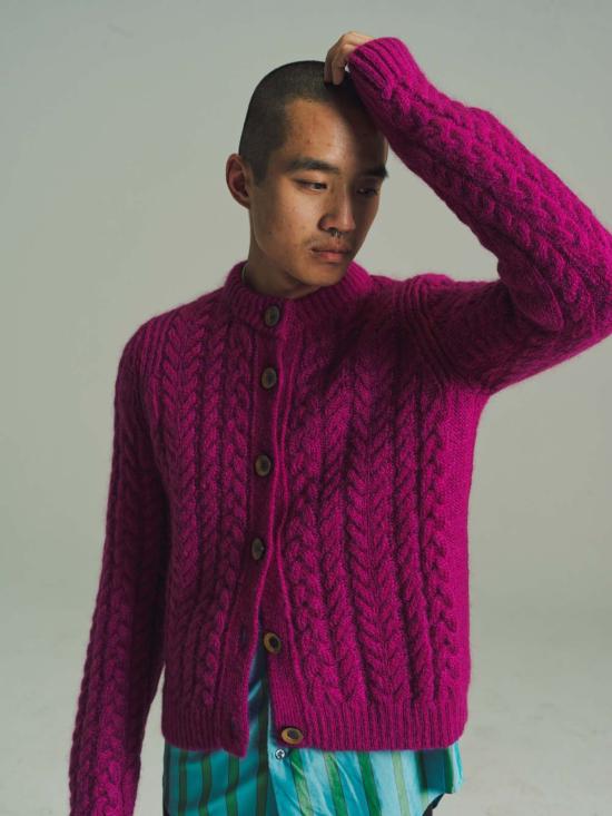  웨일즈보너 가디건 웨일즈 보너 모헤어 케이블 니트 던 카디건 퓨시아