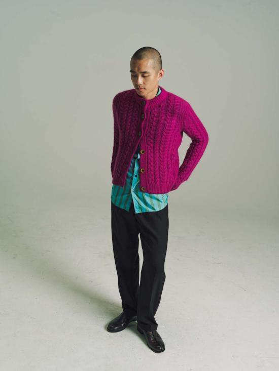  웨일즈보너 가디건 웨일즈 보너 모헤어 케이블 니트 던 카디건 퓨시아 - WALES BONNER