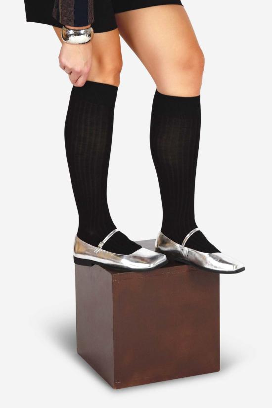  인텐셔널리 블랭크 플랫 슈즈 "의도적으로." 새턴 스퀘어 토 메리 제인 실버/블랙 - INTENTIONALLY BLANK