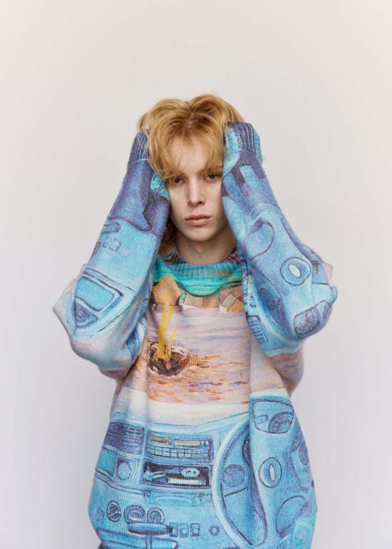  JW앤더슨 가디건 JW 앤더슨 캠퍼 프린트 오버사이즈 점퍼 콘플라워 블루 - JW ANDERSON