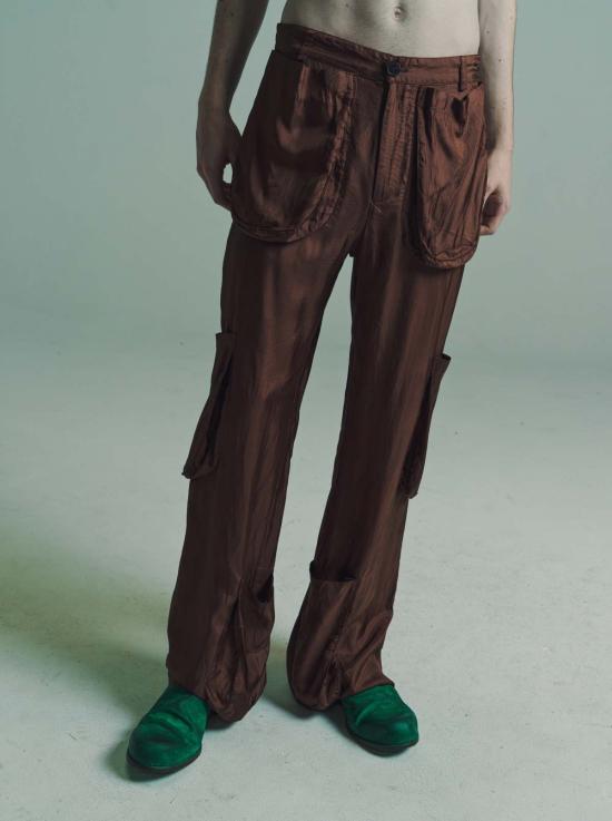  에드워드 커밍 스트레이트 팬츠 비스코스 포켓 콜라주 바지 브라운
