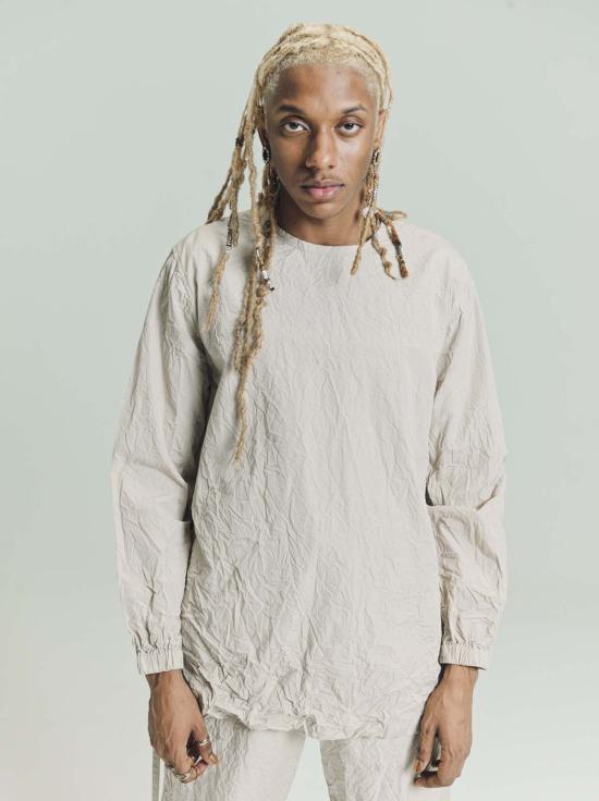  리에르 후드 티셔츠 포플린 주름 오픈 백 롱슬리브 숏 튜닉 헤이즐넛