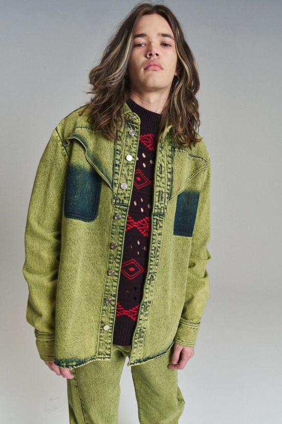  나마체코  긴팔 셔츠 나마체코 옐로우 네이플스 스노우 워시 이브 데님  그린