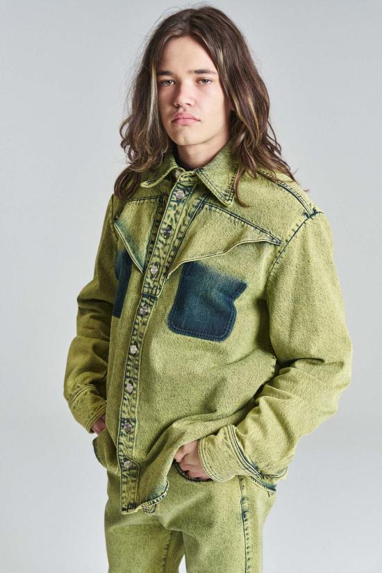  나마체코  긴팔 셔츠 나마체코 옐로우 네이플스 스노우 워시 이브 데님  그린 - NAMACHEKO