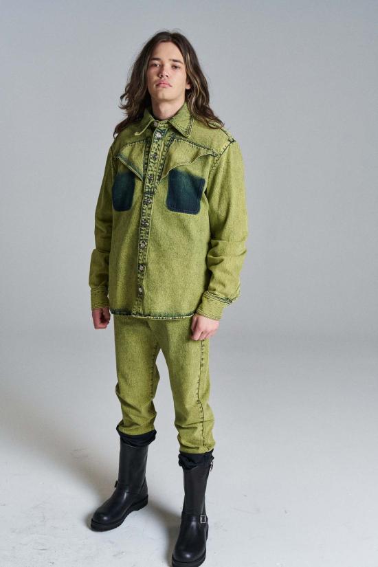  나마체코  긴팔 셔츠 나마체코 옐로우 네이플스 스노우 워시 이브 데님  그린 - NAMACHEKO