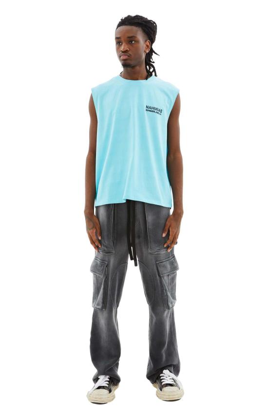  나미아스 민소매 티셔츠 랜드스케이프 머슬 티셔츠 블루