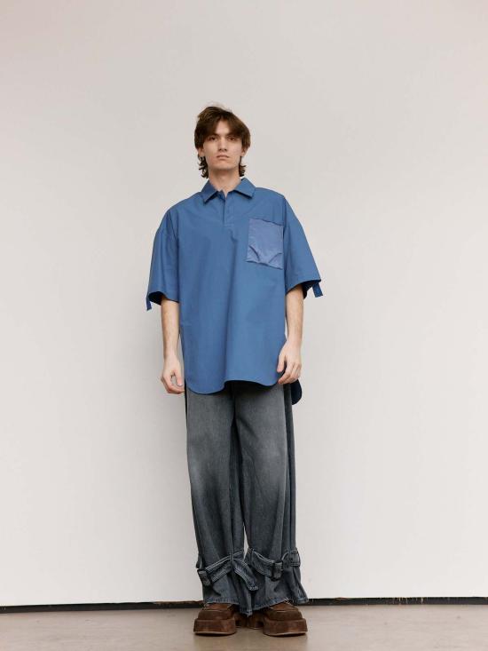  JW앤더슨 후드 티셔츠 JW 앤더슨 팝린 반팔 퀼팅 포켓 폴로 상의 라이트 인디고 - JW ANDERSON