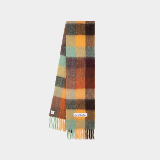 26FW 아크네 스튜디오 모헤어 체크 머플러 CA0084 BO9 CHESTNUT BROWN YELLOW GREEN DOM - ACNE STUDIOS