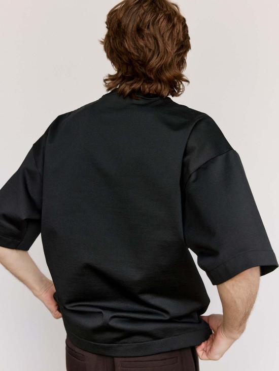  질샌더 반팔 티셔츠 질 샌더 테크니컬 샤이니 코튼 저지 집넥 티셔츠 블랙 - JIL SANDER