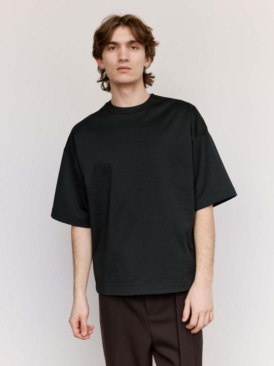  질샌더 반팔 티셔츠 질 샌더 테크니컬 샤이니 코튼 저지 집넥 티셔츠 블랙 - JIL SANDER