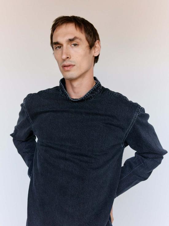  리에르 긴팔 티셔츠 라이어 워시드 데님 탑 앤트라사이트 - RIER