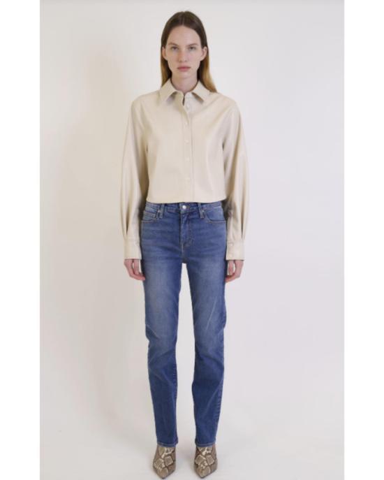  심카이 데님 팬츠 리버 하이 라이즈 크롭 플레어 클린 헴 진 살탄