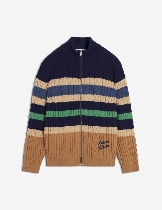  메종키츠네 스트라이프 케이블 집 가디건 NM00505KH00010034