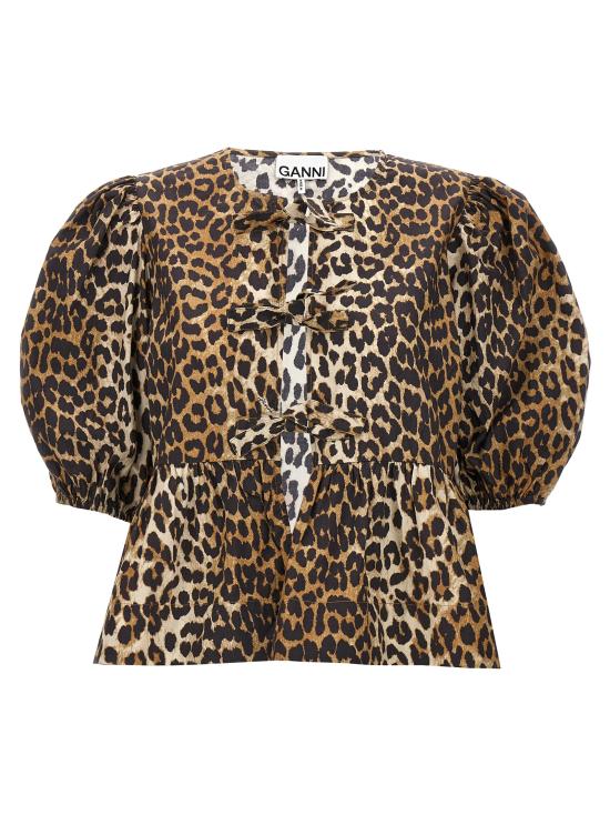 25SS 가니 레오파드 코튼 포플린 페플럼 타이 블라우스 F9116943