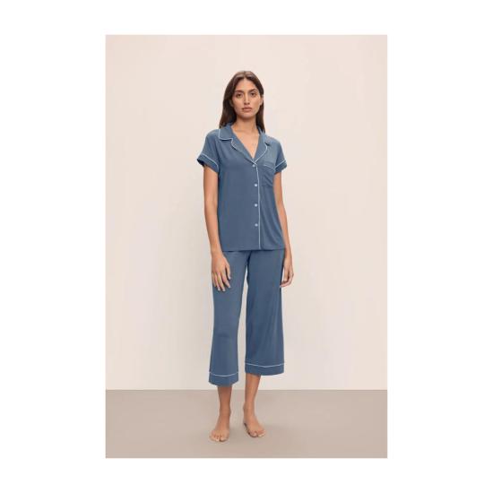  에버제이 라운지 웨어 지젤 반팔 크롭 파자마 세트 코스탈 블루/아이스 블루