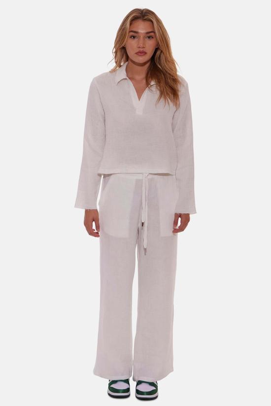  블루&크림 긴팔 티셔츠 캐시 거즈 폴로 탑 아이보리 - BLUE&CREAM