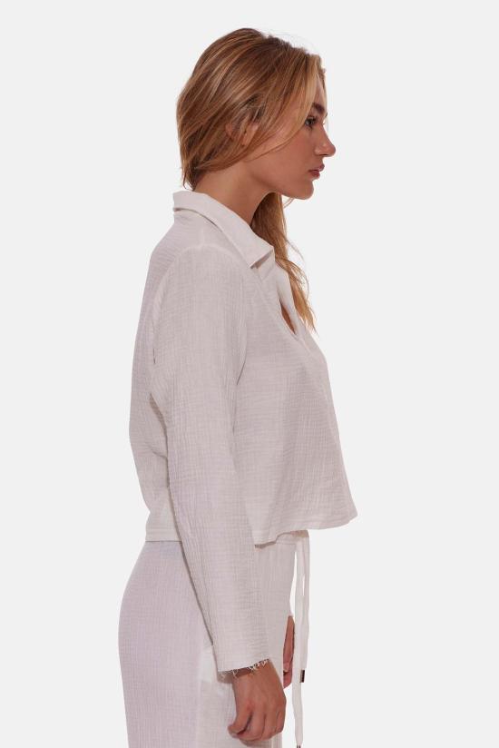  블루&크림 긴팔 티셔츠 캐시 거즈 폴로 탑 아이보리 - BLUE&CREAM