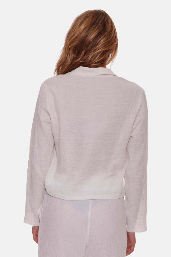  블루&크림 긴팔 티셔츠 캐시 거즈 폴로 탑 아이보리 - BLUE&CREAM