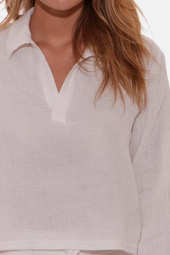  블루&크림 긴팔 티셔츠 캐시 거즈 폴로 탑 아이보리 - BLUE&CREAM