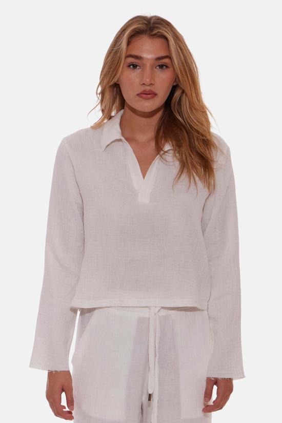  블루&크림 긴팔 티셔츠 캐시 거즈 폴로 탑 아이보리