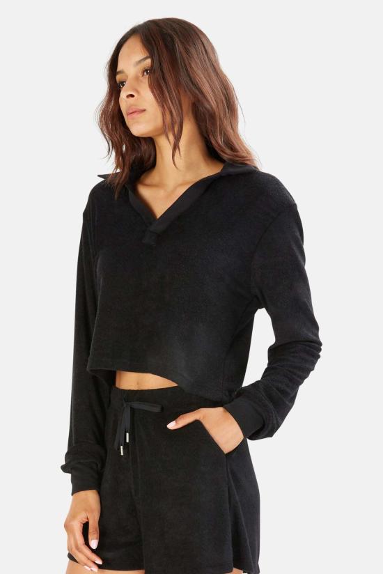  더 타일 클럽 블라우스 타일 클럽 찰리 크롭 롱슬리브 폴로 블랙 - THE TILE CLUB