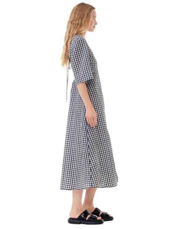  가니 롱 원피스 세어서커 체크 V넥 롱드레스 에그렛 - GANNI