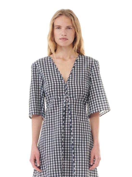  가니 롱 원피스 세어서커 체크 V넥 롱드레스 에그렛 - GANNI