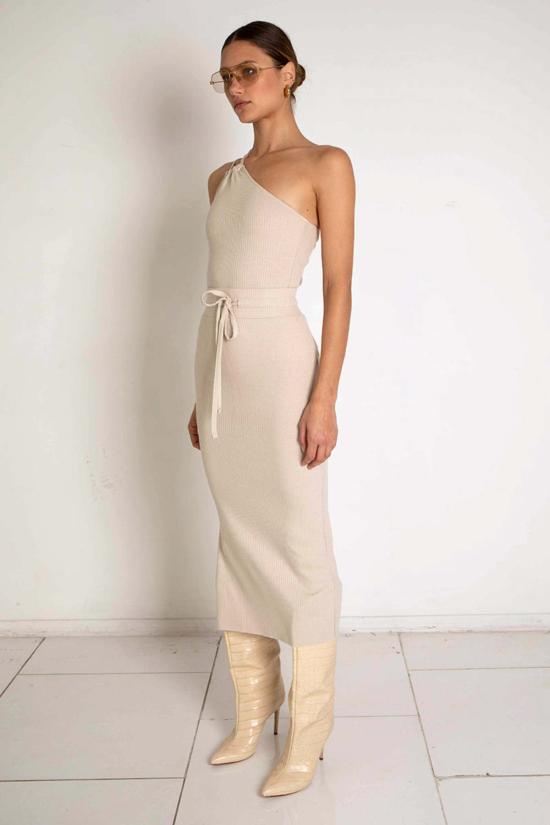  더레인지 미디 스커트 레인지 합금 리브 드로코드  라임스톤 - THE RANGE