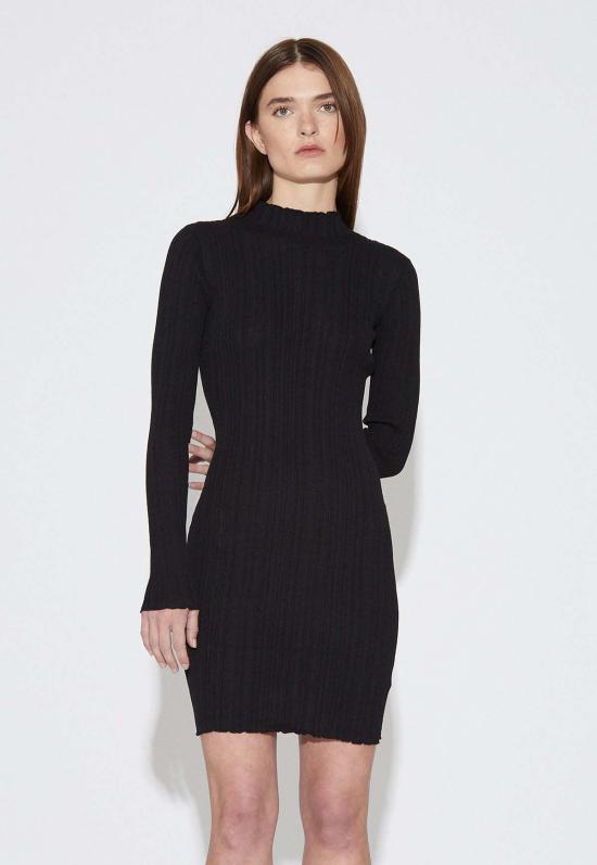  오벌 스퀘어 숏 원피스 리브 니트 드레스 블랙