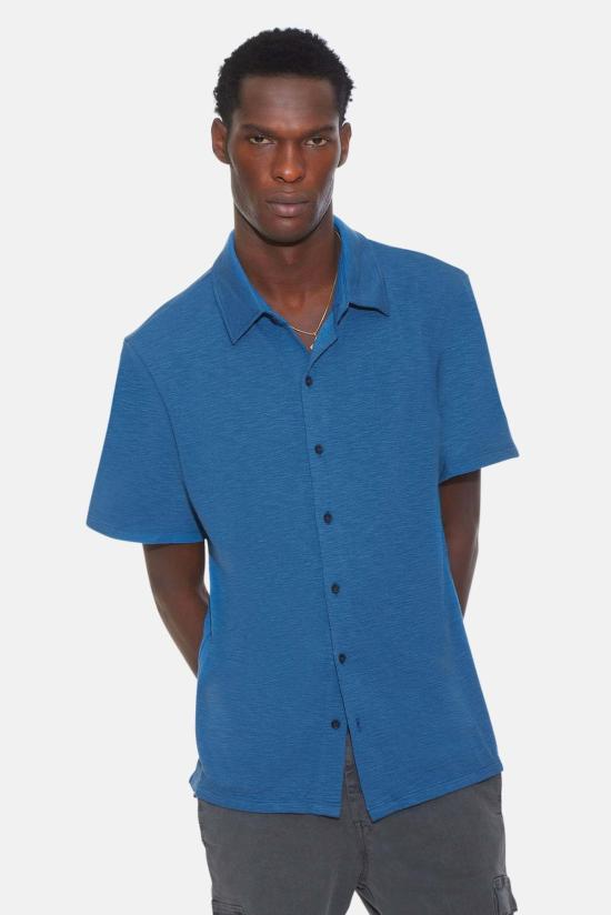  Blue&Cream 반팔 셔츠 블루&크림 슬럽 저지 반팔 버튼다운 바다색 - BLUE&CREAM