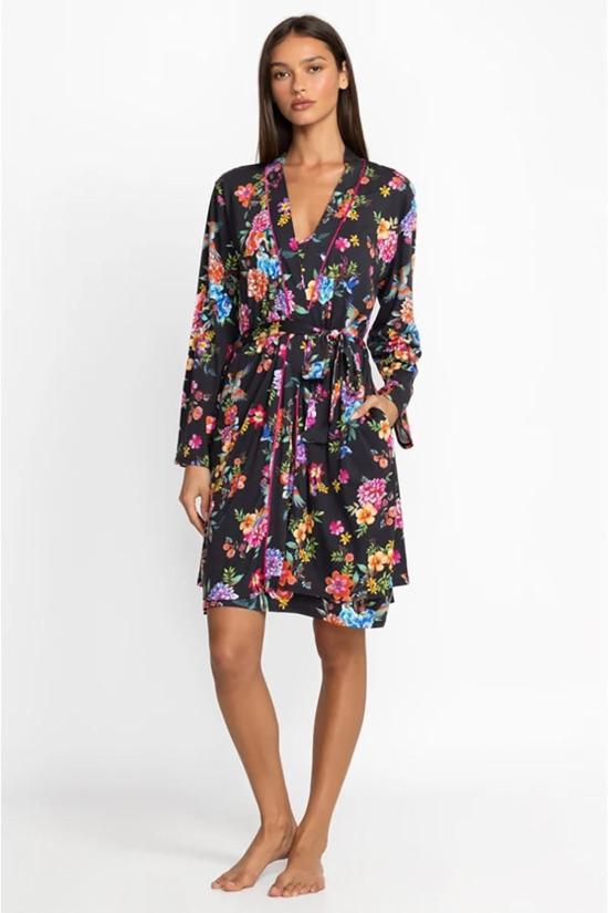  조니 와스 라운지 웨어 Johnny Was Sognatore Nero의 긴팔 셀프 타이 벨트 슬립 가운 멀티 플로럴 - JOHNNY WAS