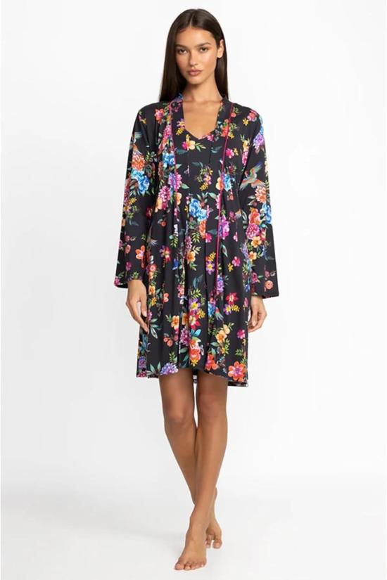  조니 와스 라운지 웨어 Johnny Was Sognatore Nero의 긴팔 셀프 타이 벨트 슬립 가운 멀티 플로럴 - JOHNNY WAS