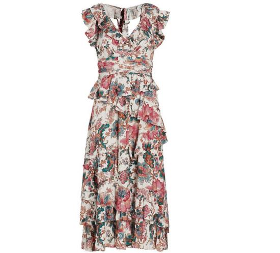  Love The Label 롱 원피스 Salome Lillie 플러터 슬리브 루렉스 미디 드레스 화이트 프린트