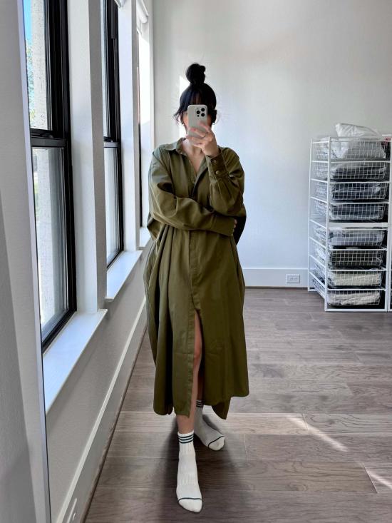  모던 위빙 롱 원피스 카프탄 셔츠 드레스 라이트 올리브 - MODERN WEAVING