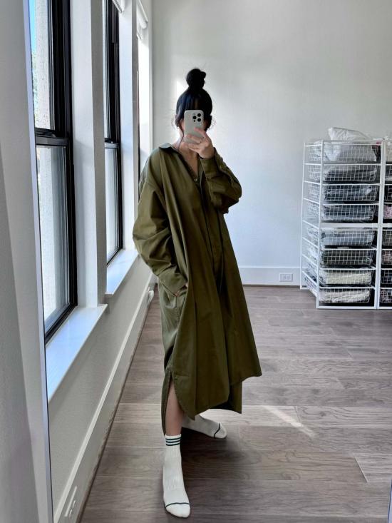  모던 위빙 롱 원피스 카프탄 셔츠 드레스 라이트 올리브