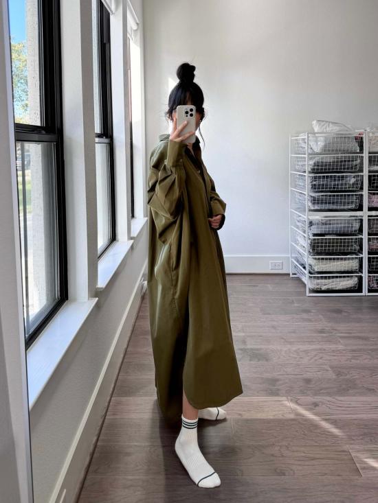  모던 위빙 롱 원피스 카프탄 셔츠 드레스 라이트 올리브 - MODERN WEAVING